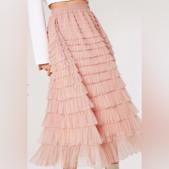 NWT APRCOT Stunning layered Tulle Midi Skirt sz Small Stone colour ruffles lined - Picture 13 of 16